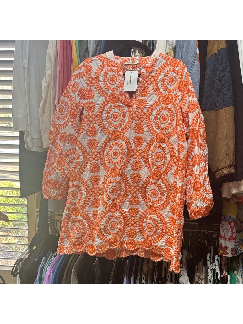 Sunday Up Orange King Street Embroidered Tunic Dress Preppy Beachy